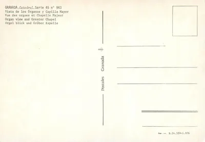 Katedra w Grenadzie — Widok z organów i kaplicy głównej — Postales Granada, seria 45 nr 943 — Rewers