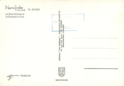 Duży Zegar i Fontanna w nocy — Normandia — Wydawnictwo La Cigogne — Rewers