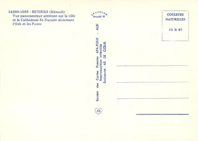 Beziers (Hérault) — Panoramiczny widok z lotu nad miastem, katedra Saint-Nazaire i mosty nad Orbem — Towarzystwo Kart Pocztowych APA-POUX — Rewers