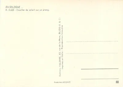 Zachód słońca nad jeziorem — W Sologne — Wydawnictwo LECONTE, nr H. 5.635 — Rewers