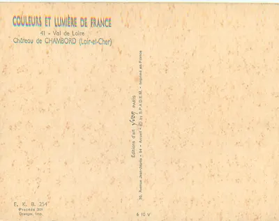 Castelo de Chambord — Vale do Loire — Edições de Arte Yvon — Verso