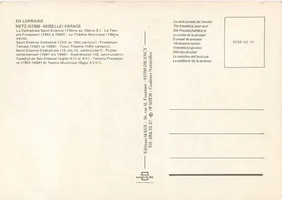 Metz — Katedra Świętego Etienne, Kościół Ewangelicki, Teatr Miejski — Wydawnictwo H. Fournier — Rewers