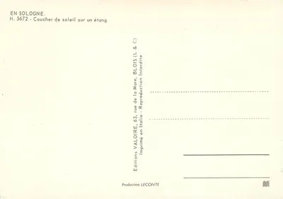 Zachód słońca nad jeziorem — W Solognie — Éditions Valoire, n° H. 5672 — Rewers