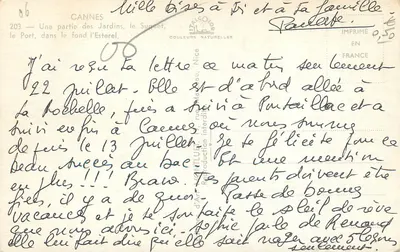 Cannes — Jardins, o Suquet, o Port, no fundo o Esterel — Italscolor, Nice, n°203 — Verso