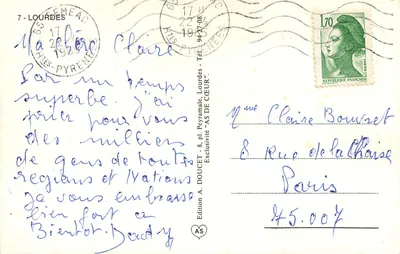 Lourdes — Pamiątka z Lourdes — Wydawnictwo A. Doucet — Rewers