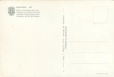 Colón, alla Porta della Pace — Barcellona — Foto J. Ubach Puig, serie 562 — Verso