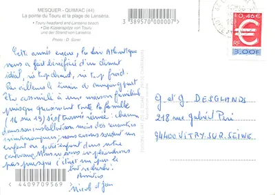 Mesquer-Quimiac — vista aérea da ponta do Touru e da praia de Lanséria — Éditions d'Art Jos Le Doare — Verso