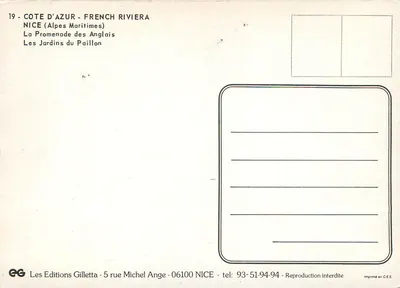 Nice — Côte d'Azur — widok panoramiczny plaży i zachodzącego słońca nad ogródkiem Paillon — Rewers