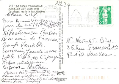 Argeles plage — vista de la playa y el puerto — Ediciones Larrey — Reverso
