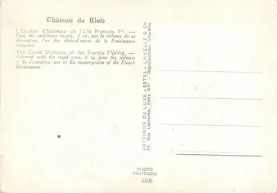 Castillo de Blois — Escalera de honor de la ala de Francisco I — Editor Estel — Reverso