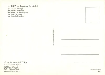 Święty Denis — stylizowana ilustracja — Wydawnictwo BETULA, n°14015 — Rewers