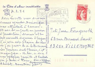 Widok Cagnes-sur-Mer — panorama z twierdzą, kwiatami i owocami — Wyd. A. Ryon — Rewers