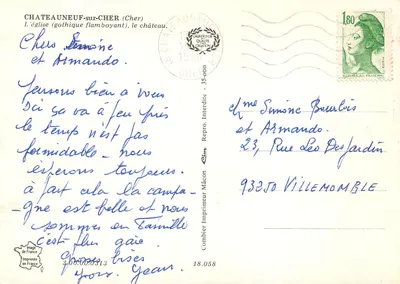 Châteauneuf-sur-Cher (Cher) — Widok gotyckiej świątyni flamandzkiej i zamku — Wydawca Combier, nr 35.058 — Rewers