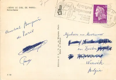 Notre-Dame w Paryżu — widok fasady — Wydawnictwo P. I., Paryż, nr A 50 — Rewers