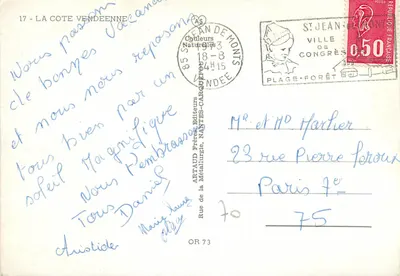 A Costa Vendéenne — carta postal turística — Artaud Frères, Nantes — Verso