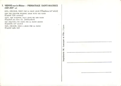 Wienne-sur-le-Rhône - Primatiale Saint-Maurice — Kapitel z XII wieku przedstawiający Boga Stwórcę trzymającego Adama za rękę — Drukarnia M. Lescuyer i Synowie / Lyon — Rewers