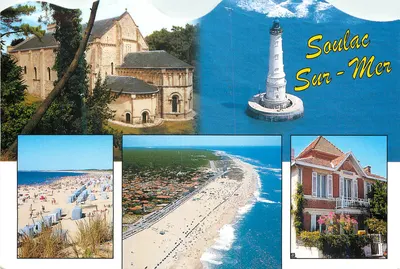 Soulac-sur-Mer — vista da capela, do farol, da praia e de uma casa — editor ARTAUD Frères, Carquefou