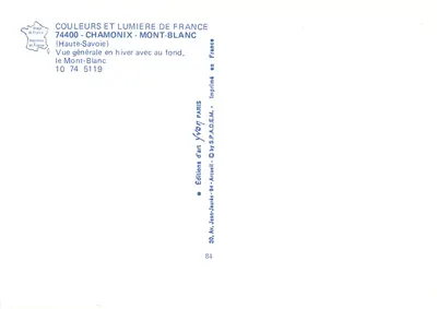 Chamonix - Mont-Blanc — Ogólny widok zimowy z w tle Mont-Blanc — Wydawnictwo Sztuki Yvon — Rewers