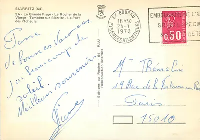 Biarritz — vista da Grande Plage, do Rocher de la Vierge, da tempestade e do porto — Éditions du Rocher - 64 — Verso