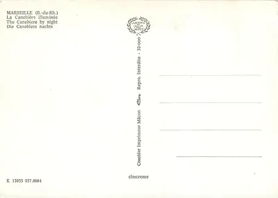 La Canebière w Marsylu — oświetlona w nocy — Imprimeur Comblérier, Mâcon — Rewers