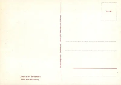 Lindau na jeziorze Bodenskim — Widok z Hoyerberga — Bildverlag Thorbecke, Nr 301 — Rewers