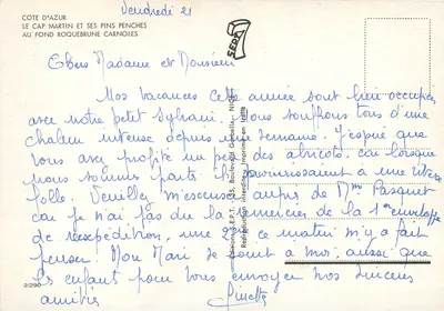 Kap Martin i jego sosny — na tle Roquebrune-Cap-Martin — Wydawnictwo E.P.T. n°2/290 — Rewers