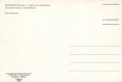Besançon — Igreja da Medalha e ponte Battant — Editions e Impressions Combier / Mâcon, série C3 25056-0-0020 — Verso