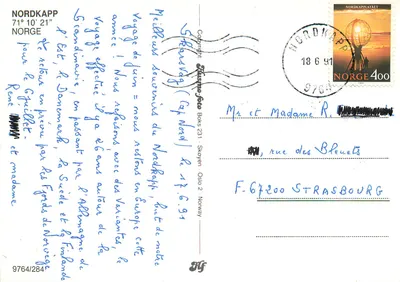 Nordkapp, Norwegen — Sonnenuntergang über den Nordischen Globus — Verlag Europa Foto, n° 9764/284 — Rückseite