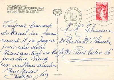 Jezioro Tignes - Les Boisses — zapora i góra — wydawca Combière - nr 73296 604 0377 — Rewers
