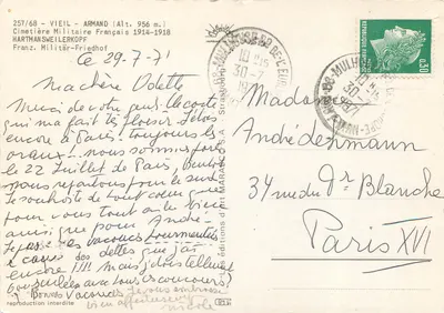 Cemitério Militar Francês — Hartmannsweilerkopf — edições de arte MARASCO S.A. n°257/68 — Verso