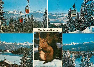 Montana-Crans — Montanhas nevadas, teleférico e esquilo — Photoglob-Wehrli SA, Zurique/Vevey