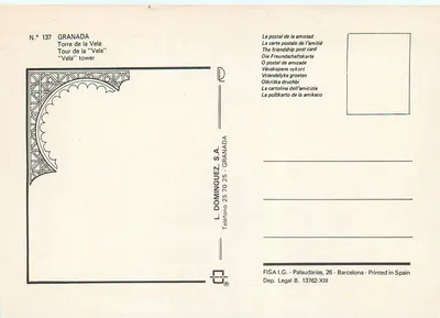 Granada - Alhambra — widok panoramiczny z zasnieżonymi górami — L. Dominguez, S.A. N° 137 — Rewers