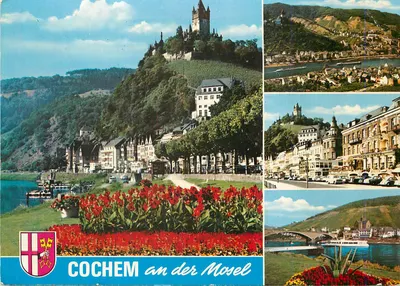Cochem na margem do rio Moselha — vista panorâmica com castelo e flores — editor não visível