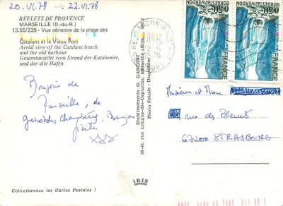 Marseille — Widok z lotu nad plażą Catalans i starym portem — IRIS — Rewers