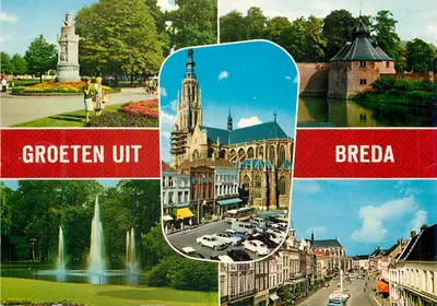 Breda — Vista panorâmica com igreja, fonte e monumento — editor Gebr. Spanjersberg NV, Rotterdam