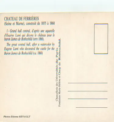 Zamek Ferrières — Wielki hal centralny — według akwareli Eugène Lami dla barona James de Rothschild (około 1860) — Fundacja Marie-Hélène i Guy de Rothschild — Rewers