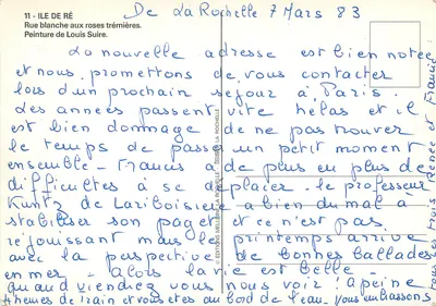 Biała ulica z różami trémières — Płótno Louisa Suire — Wydawnictwo Melun La Rochelle, nr 11 — Rewers