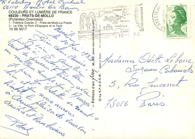 Bilhete postal moderno Prats de Mollo (Pirineus Orientais) Folclore Catalão Prats de Mollo La Preste La Ville Le Pont D'Espagne et Le Tech — Verso