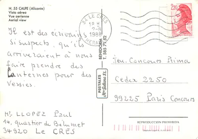 Calpe — Vista aérea — N. 55, editor Postales J.ªs Sultana S.L. — Verso