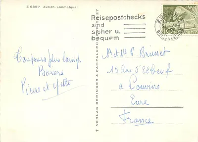Zurych - Limmatquai — widok panoramiczny z zasnieżonymi górami — Verlag Beringer & Pampaluch — Rewers