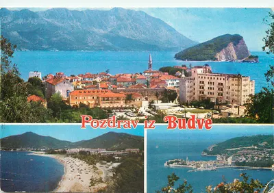 Budva — vista panorâmica com montanhas, mar e cidade — editor B. Jelkić