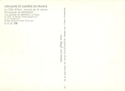 Monaco — Vista geral da cidade e do Museu Oceanoográfico — Éditions d'art Yvon, Paris — Verso