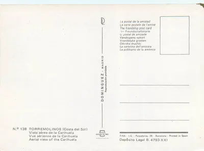 Torremolinos (Costa del Sol) — widok z powietrza na Carihuela — wydawca Dominguez - Madrid, nr 138 — Rewers