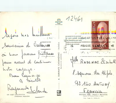 Valência — Diversos aspectos — A. Subirats Casanovas, n° 1152 — Verso