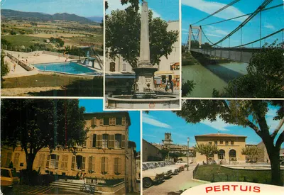 Pertuis — vista panorâmica com piscina, fonte, ponte suspensa e hotel de cidade — Éditions J. Cellard