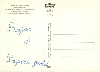 Bayonne — Algemene uitzicht, straat Port Neuf, kathedraal, ingang van het klooster, openbaar park — Uitgaven Lavielle, n°508 — Achterkant