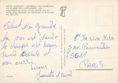 Praia do Estagnol — Costa Varoise, entre Bormes-les-Mimosas e La Londe — Edições S.E.P.T. n°79/156 — Verso