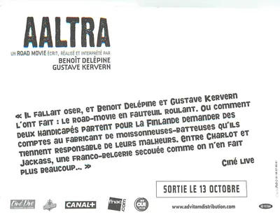 Aaltra — Um road movie escrito e interpretado por Benoît Delépine e Gustave Kervern — Ciné Live — Verso