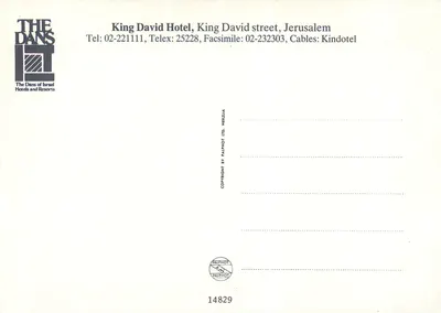 Hotel David — Jerozolima — wydawca The DANS of Israel Hotels and Resorts, nr serii 14829 — Rewers