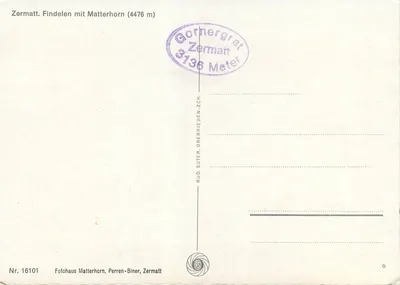 Zermatt. Findelen com Matterhorn (4476 m) — Photohaus Matterhorn, Perren-Biner, Zermatt — n° 16101 — Verso